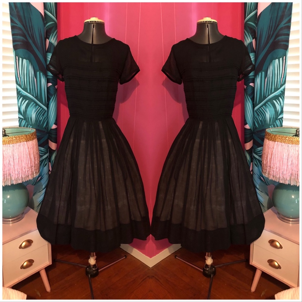 VTG 50s Sheer Black Pintucked Dress